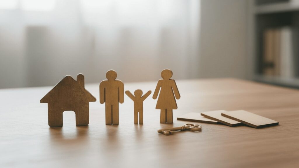 Wooden family figures and house with keys on table.