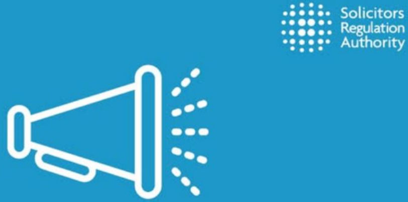 Solicitors Regulation Authority announcement graphic showing a megaphone